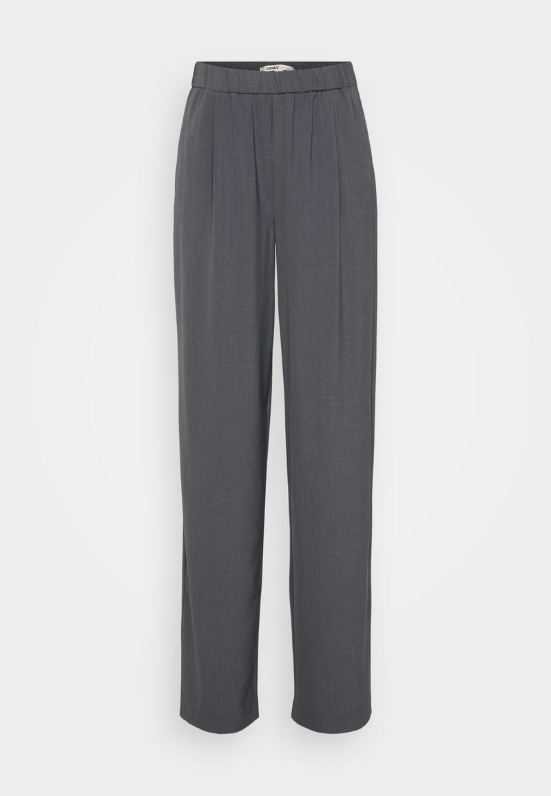 Graue, plissierte, weit geschnittene Hose mit elastischem Bund, aus einem glatten Stoff gefertigt. Hat ein sauberes Design und keine sichtbaren Beschläge.