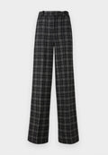 Schwarz-grau karierte, weit geschnittene Hosen mit hoher Taille und Knopfverschluss am Bund, auf weißem Hintergrund präsentiert.
