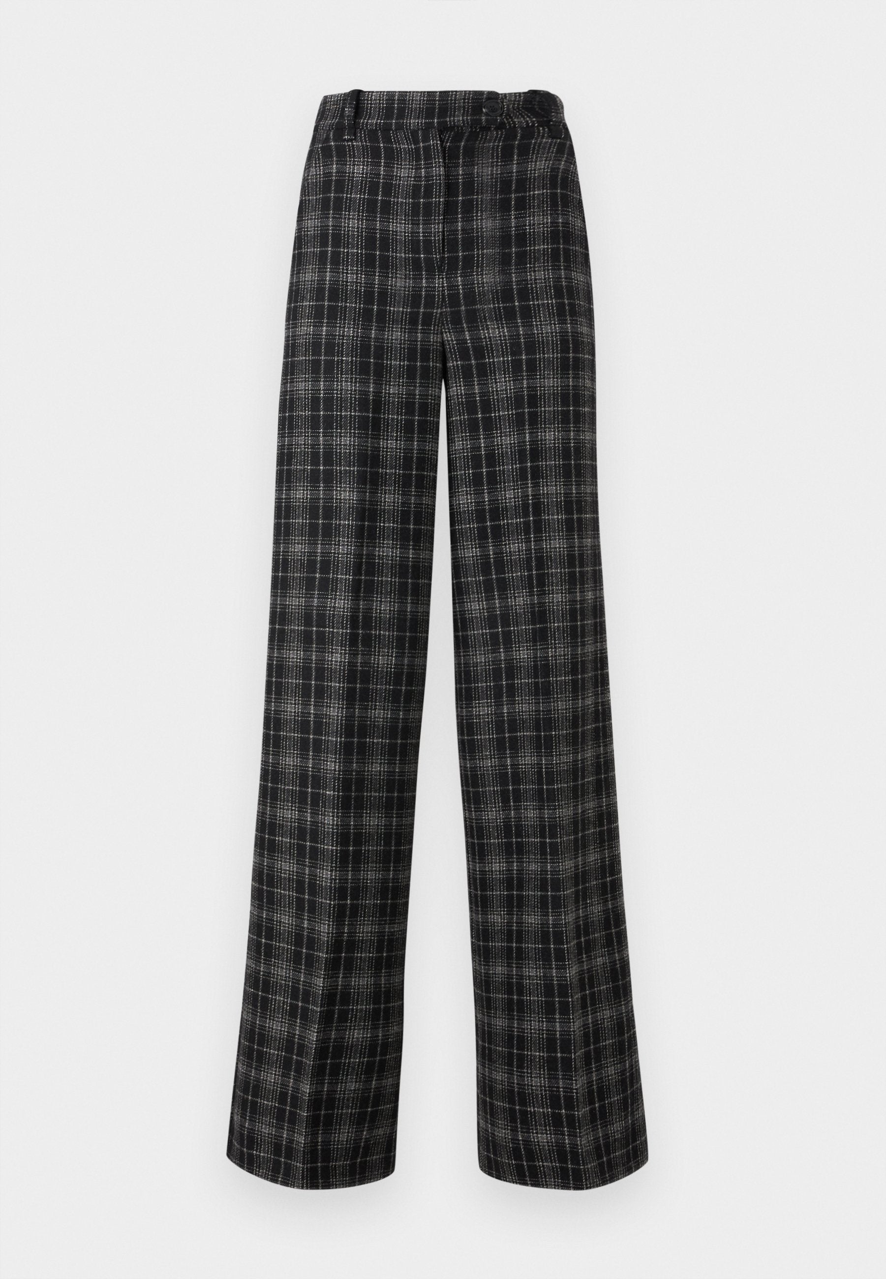 Schwarz-grau karierte, weit geschnittene Hosen mit hoher Taille und Knopfverschluss am Bund, auf weißem Hintergrund präsentiert.