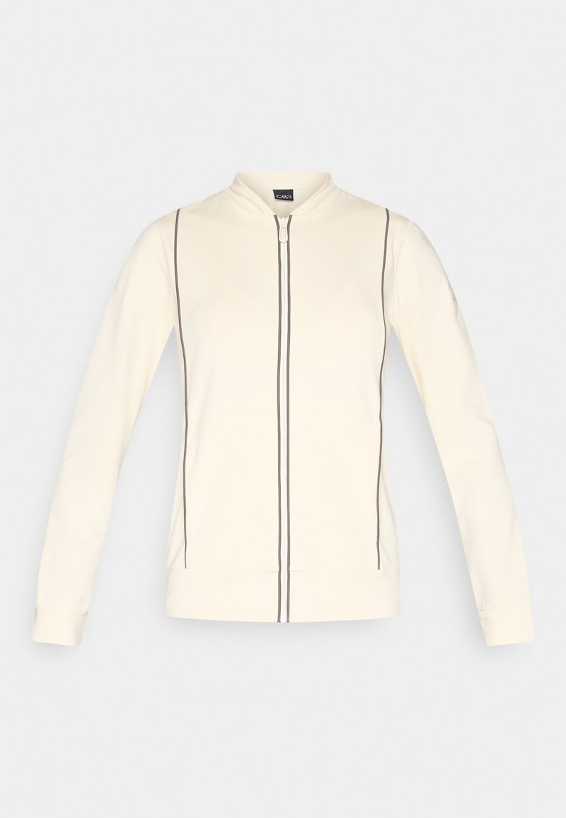 Reißverschlussjacke in Cremefarbe mit langen Ärmeln, Stehkragen und vertikalen dunklen Paspel-Details entlang des Reißverschlusses und an den Seiten.