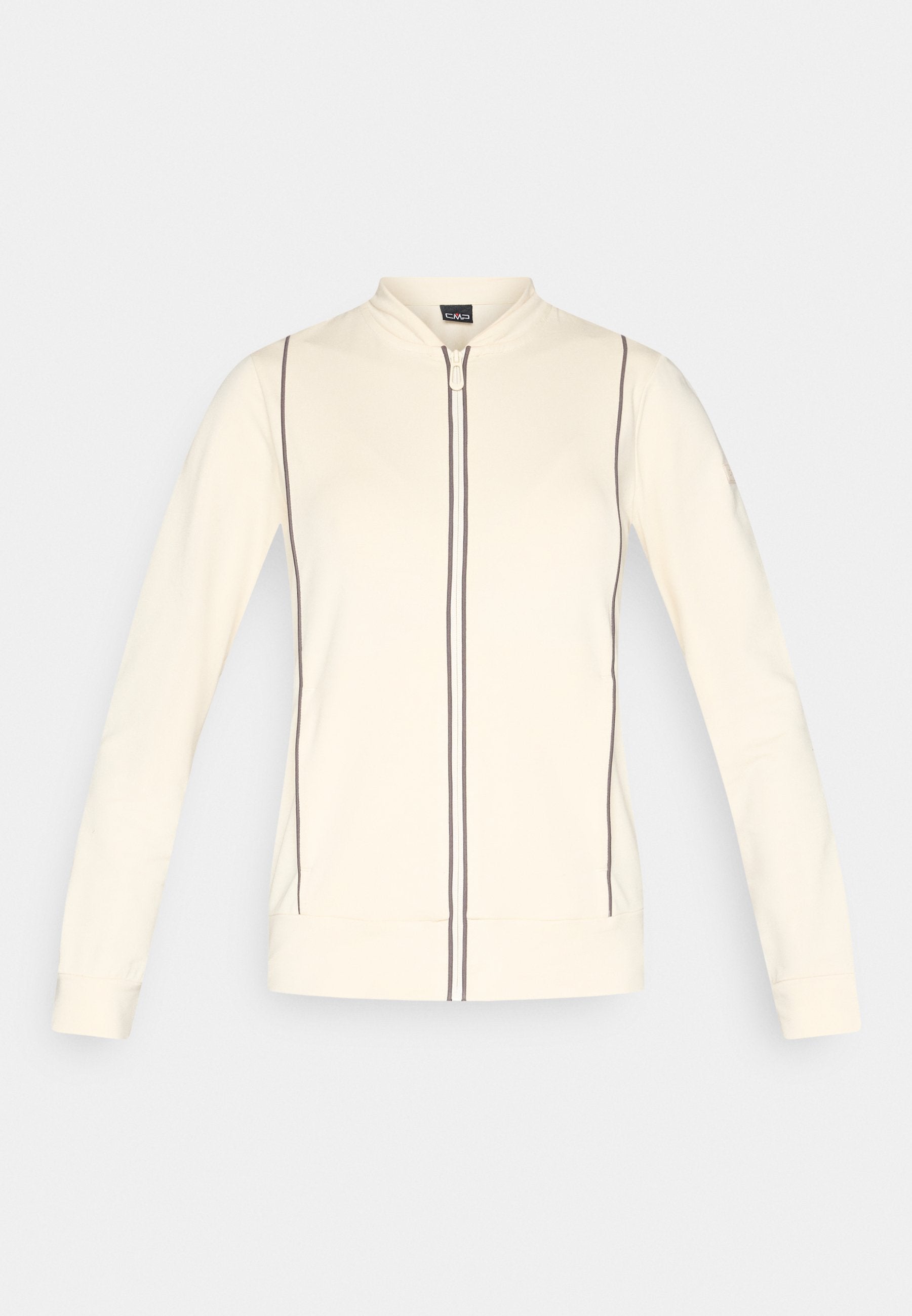 Reißverschlussjacke in Cremefarbe mit langen Ärmeln, Stehkragen und vertikalen dunklen Paspel-Details entlang des Reißverschlusses und an den Seiten.