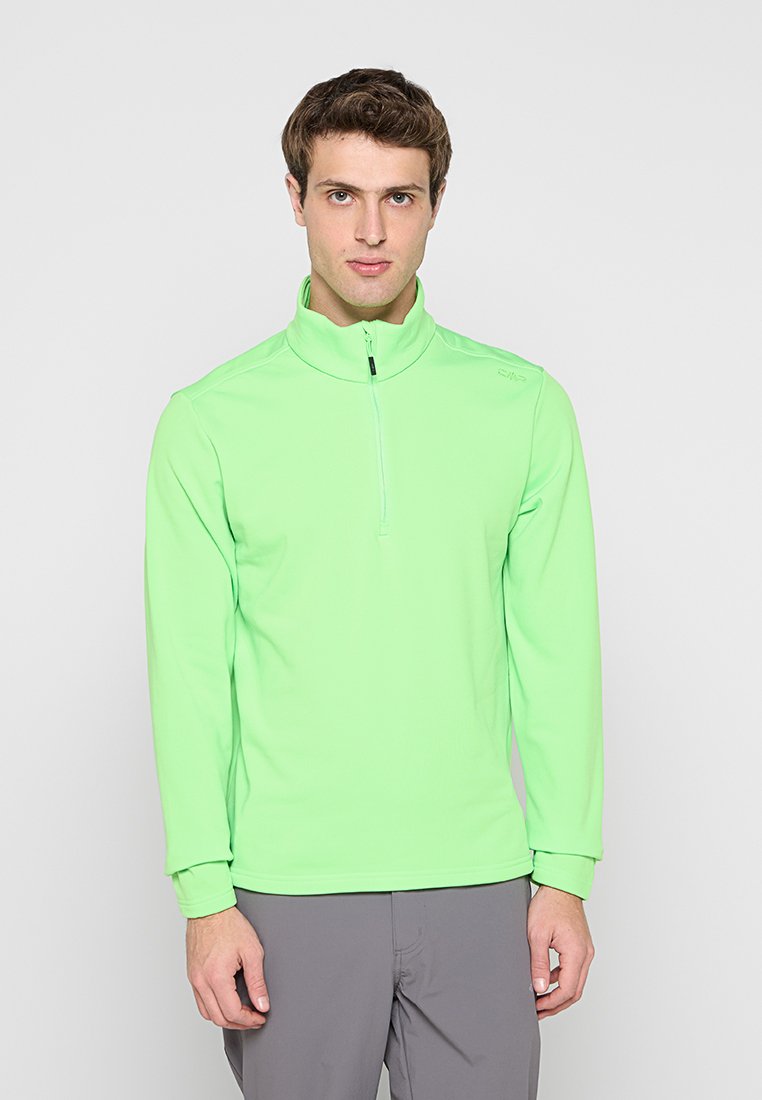 Hellgrüner langärmeliger Pullover mit Reißverschluss aus glattem, dehnbarem Stoff, mit hohem Kragen und einem Reißverschluss in Viertellänge.