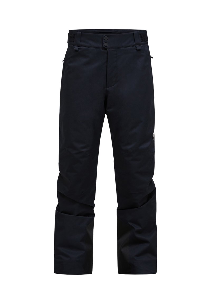 Schwarze wasserdichte Hose mit geradem Schnitt, zwei Knöpfen, Reißverschlusstaschen und verstellbarem Bund. Aus glattem, strapazierfähigem Material.