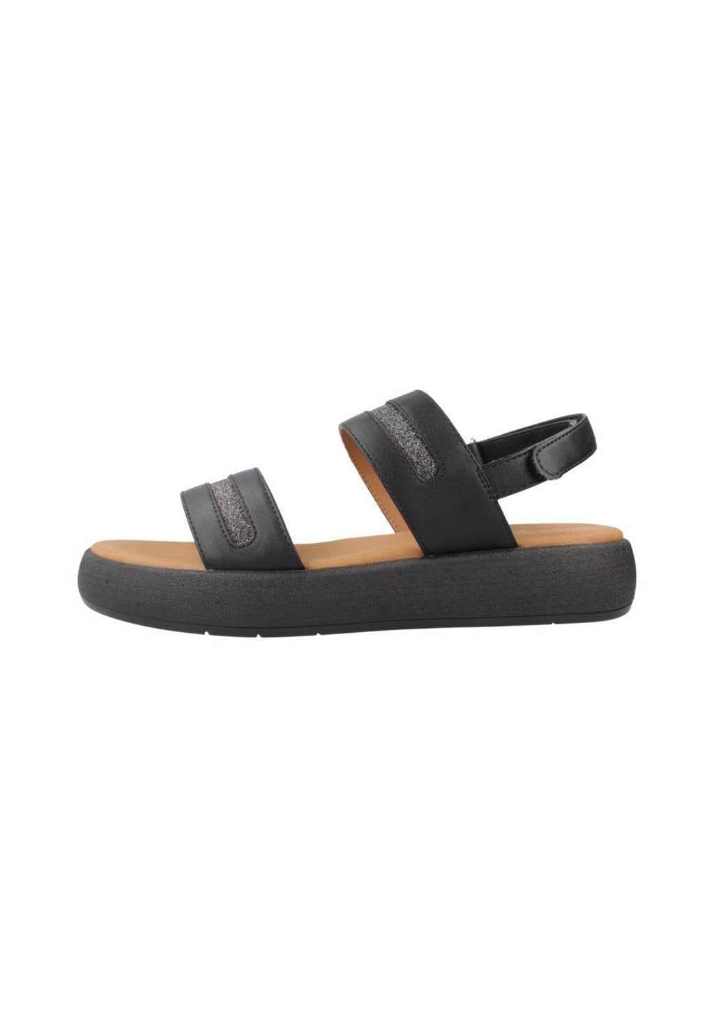 Schwarze Sandale mit zwei breiten Riemen, einem strukturierten Akzent und einer gepolsterten Innensohle. Verfügt über eine dicke schwarze Sohle mit hellbraunen Details.
