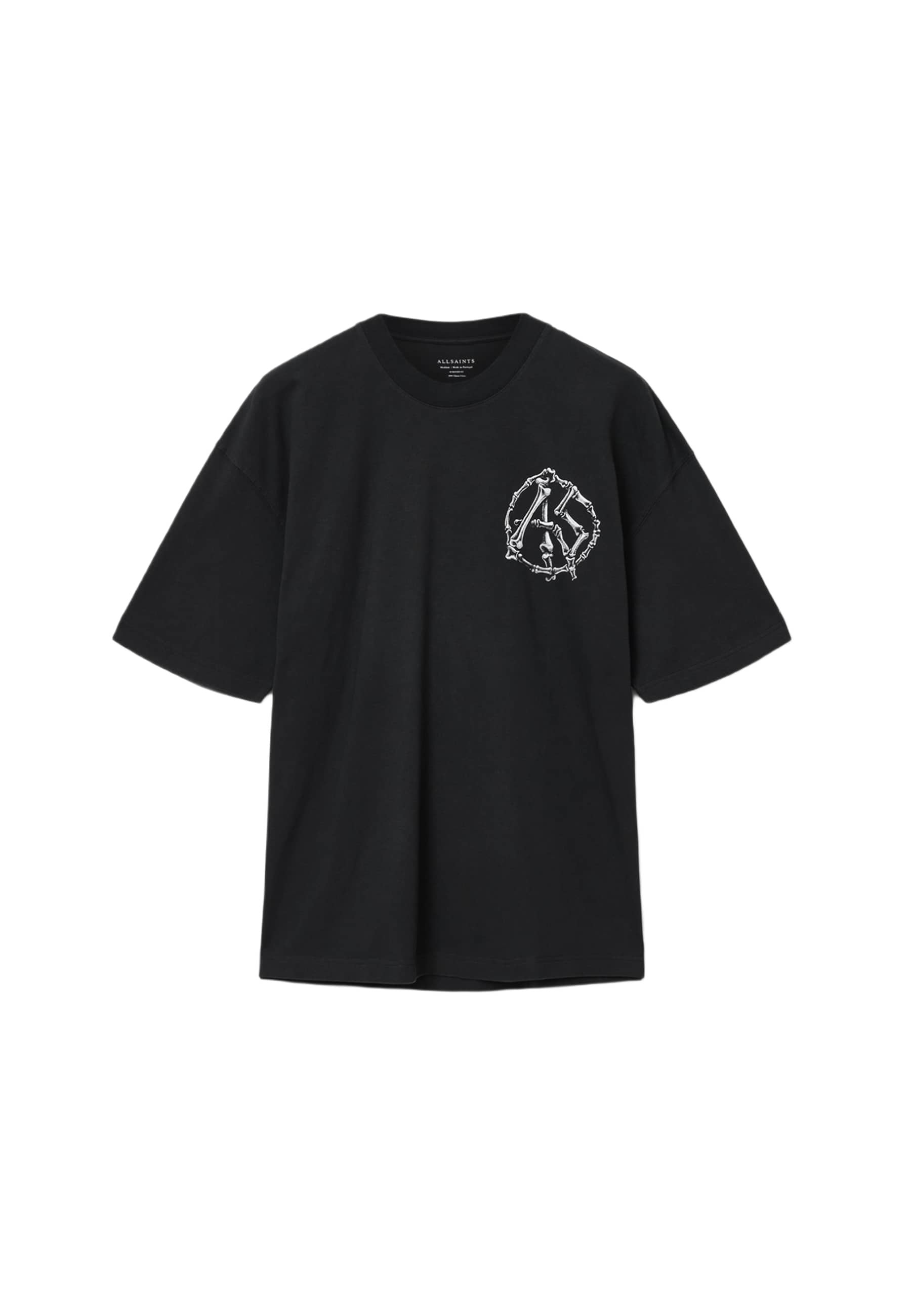 Schwarzes Baumwoll-T-Shirt mit kurzen Ärmeln, Rundhalsausschnitt und einem weißen Grafiklogo auf der linken Brustseite. Glatte Textur, lockere Passform.