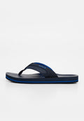 Marineblaue und schwarze Flip-Flop-Sandale mit einem blauen Streifen auf der Sohle und einem dicken Stoffriemen mit der Aufschrift Hurley.