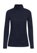 Marineblaues Langarm-Turtleneck-Oberteil mit gerafftem Stoff am Hals, glatter Textur und taillierter Silhouette. Verschluss am hinteren Hals.