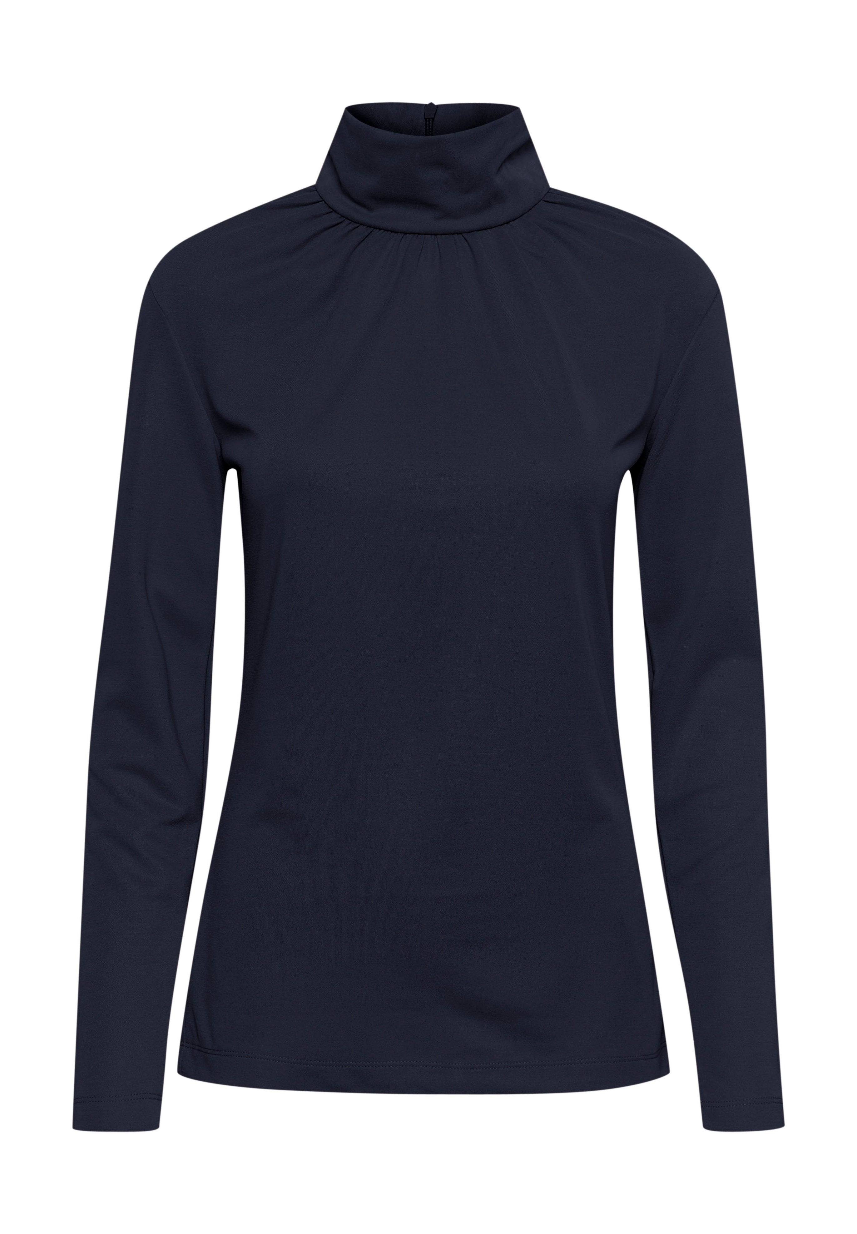 Marineblaues Langarm-Turtleneck-Oberteil mit gerafftem Stoff am Hals, glatter Textur und taillierter Silhouette. Verschluss am hinteren Hals.