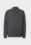 Dunkelgrauer Langarm-Pullover mit Viertel-Reißverschluss am Kragen und kleinem weißen The North Face Logo auf der linken Brust.