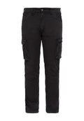 Schwarze Cargohosen aus robustem Stoff. Sie verfügen über mehrere Seitentaschen, ein gerades Bein und einen Knopfverschluss in der Taille.
