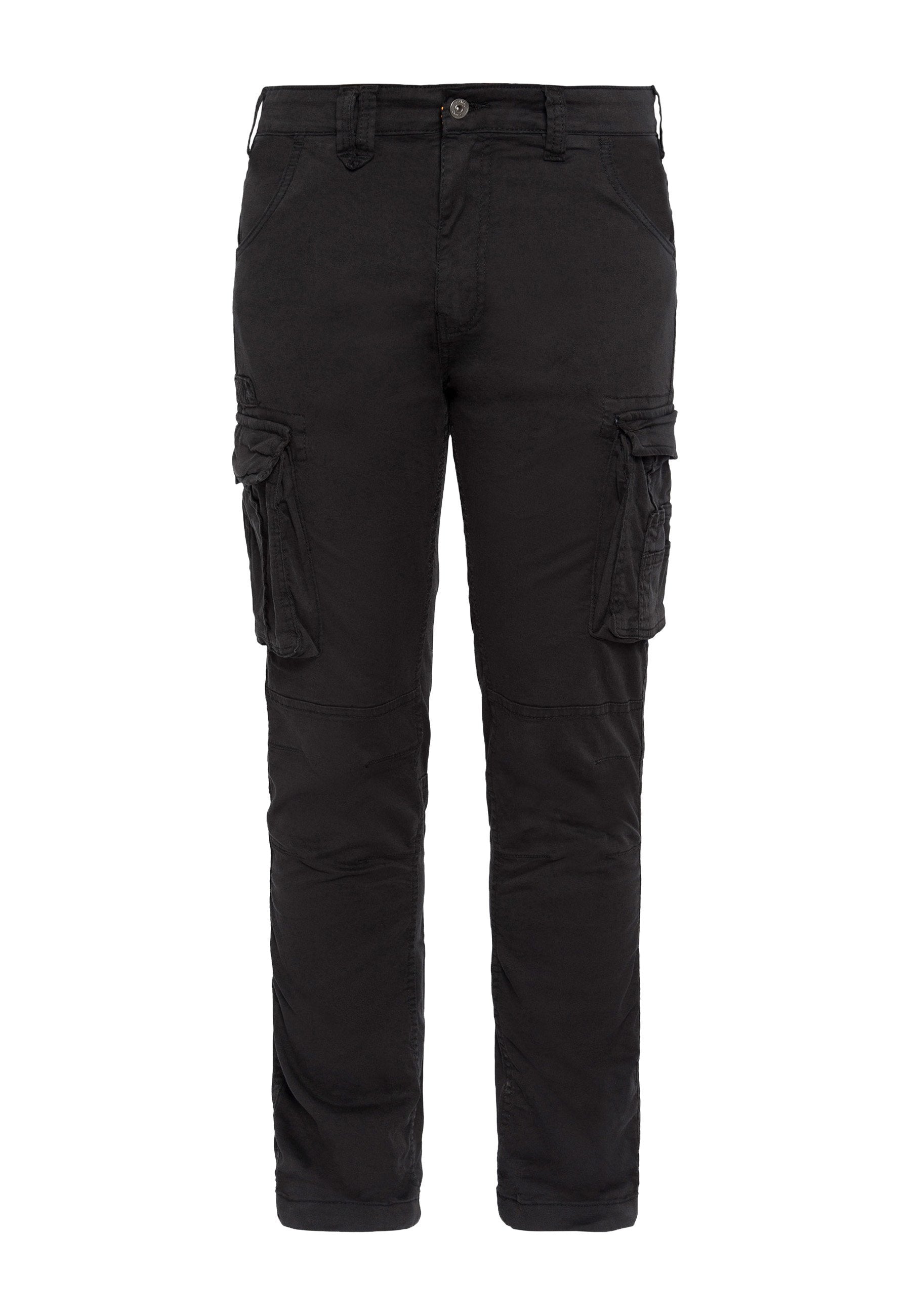 Schwarze Cargohosen aus robustem Stoff. Sie verfügen über mehrere Seitentaschen, ein gerades Bein und einen Knopfverschluss in der Taille.