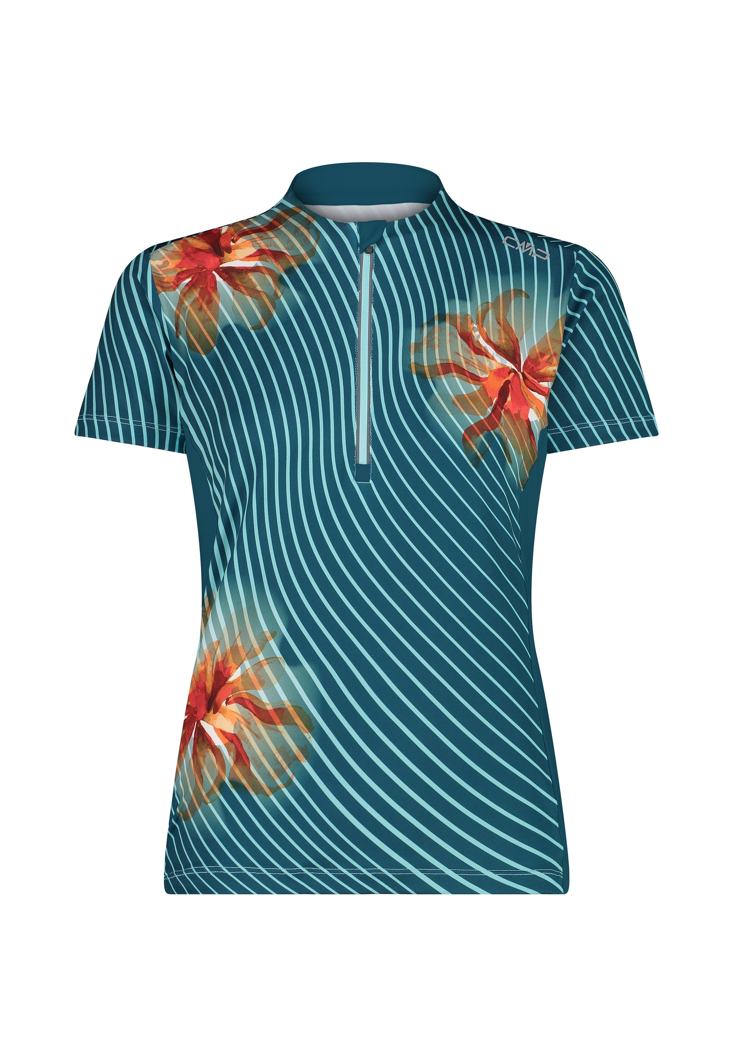Kurzarm-Polohemd in Teal mit weißen diagonalen Streifen und floralen Akzenten in Orange und Gelb. Mit einem Viertel-Reißverschluss.