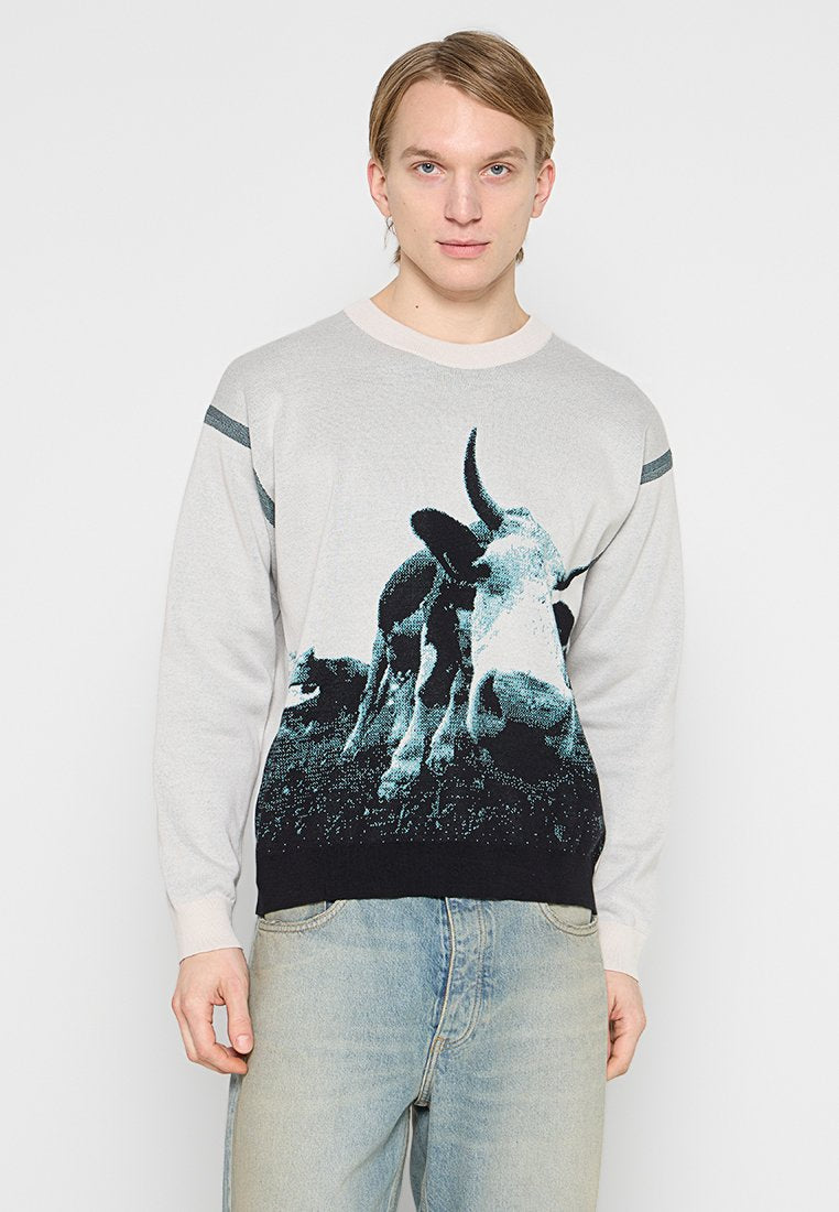 Grauer Pullover mit einer blauen und schwarzen Kuh-Grafik auf der Brust, mit kontrastierenden horizontalen Streifen auf den Schultern. Baumwollmischgewebe.