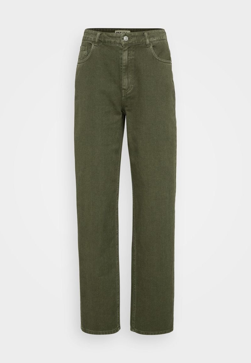 Olivgrüne Denim-Jeans mit hoher Taille, geradem Bein, fünf Taschen und einer Metallknopf-Verschluss. Glatte Textur, lässiger Stil.