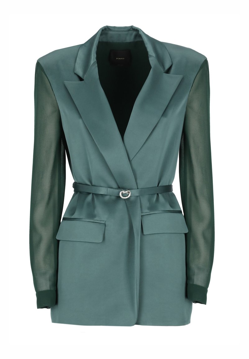 Türkiser Blazer mit satinierter Vorderseite und transparenten Ärmeln, taillierte Silhouette, scharfe Revers, taillierter Bund und zwei Vordertaschen. Akzentuierung mit silberfarbenen Beschlägen.