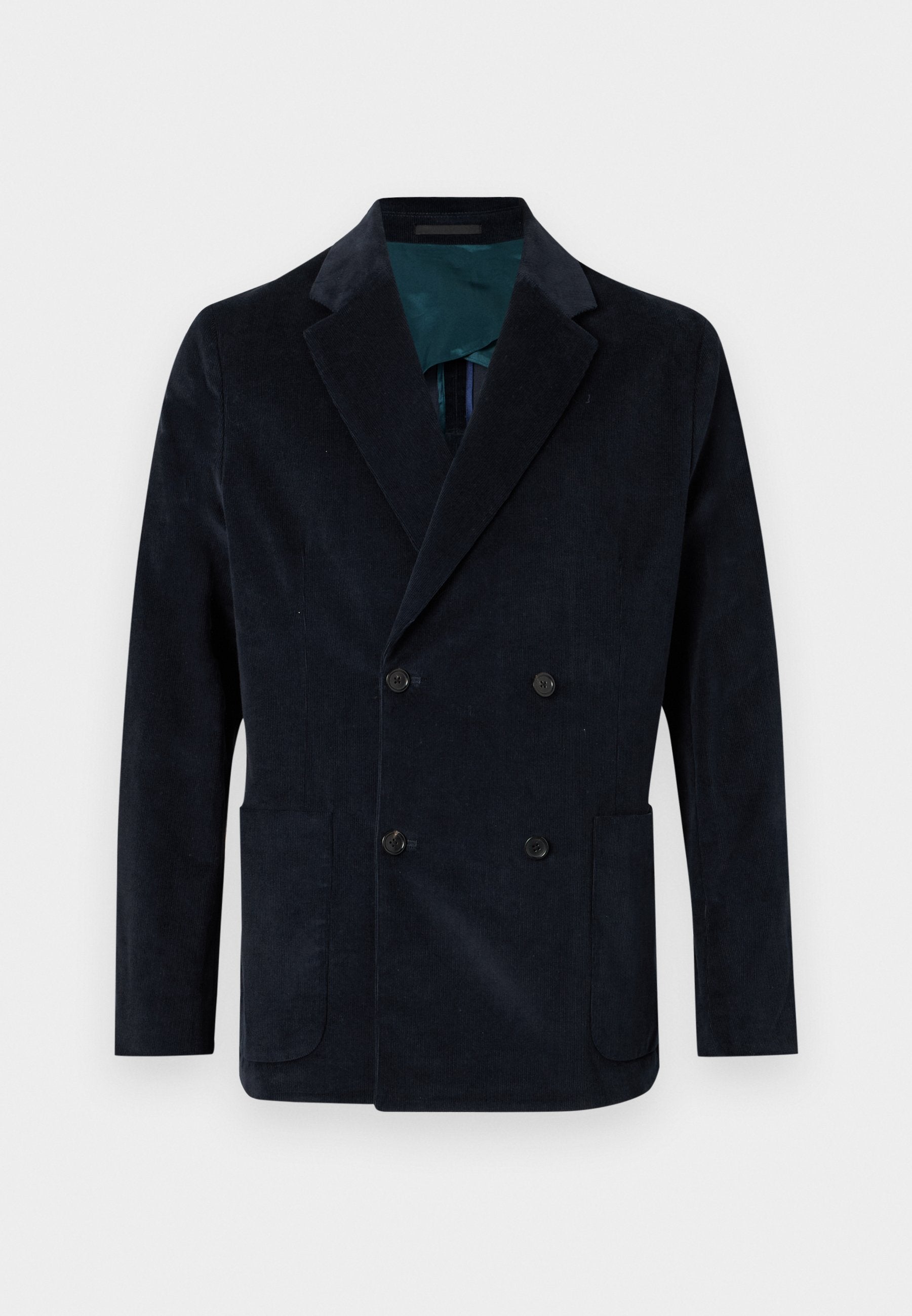 Dunkelblazer aus Kordstoff mit doppelter Knopfleiste in Marineblau, ausgestattet mit zwei Vorderaschen und einer kontrastierenden türkisen Innenauskleidung.