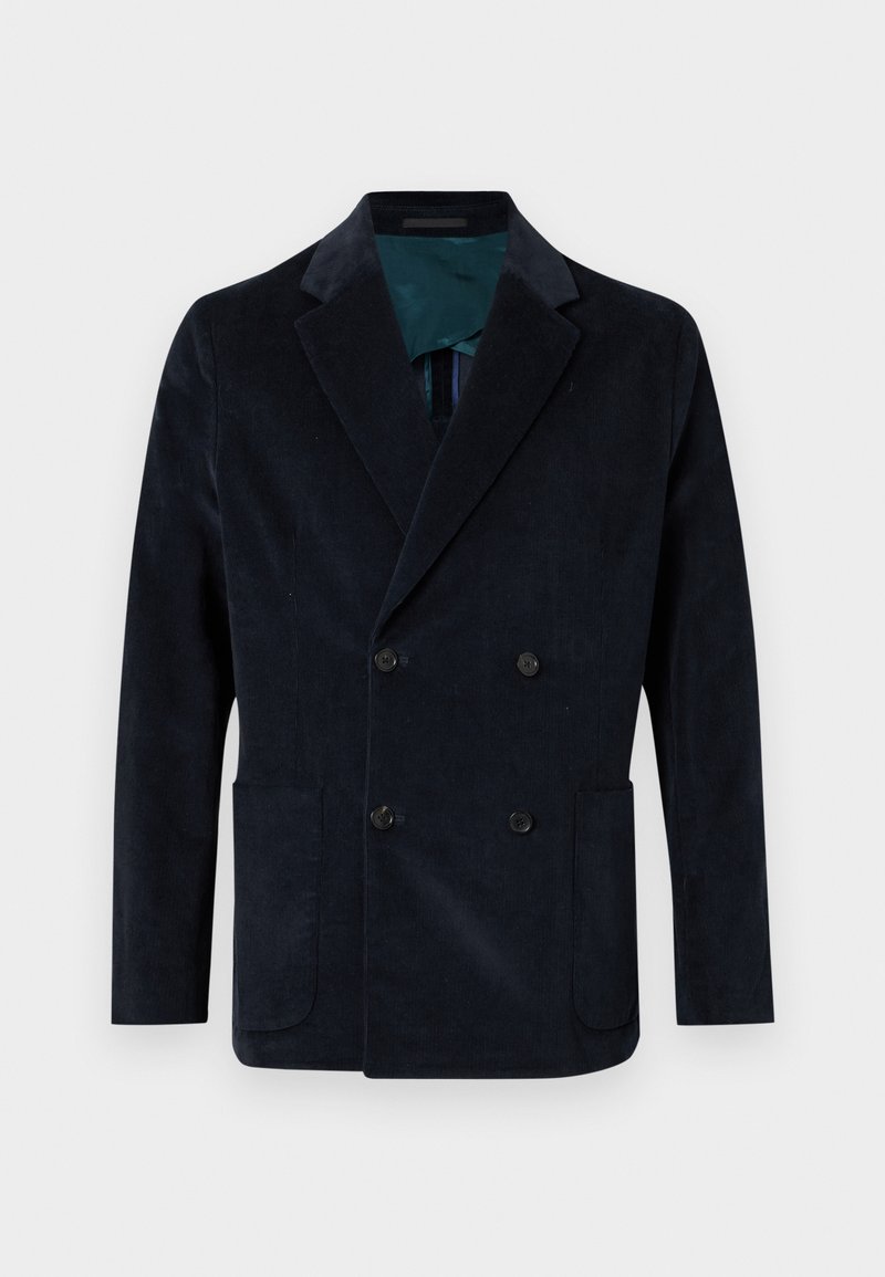 Dunkelblazer aus Kordstoff mit doppelter Knopfleiste in Marineblau, ausgestattet mit zwei Vorderaschen und einer kontrastierenden türkisen Innenauskleidung.
