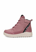 Rosa High-Top-Sneaker aus Wildleder mit Logo-Details. Verfügt über eine weiße Gummisohle und eine strukturierte Oberfläche. Runde Zehenpartie und Schnürdesign.