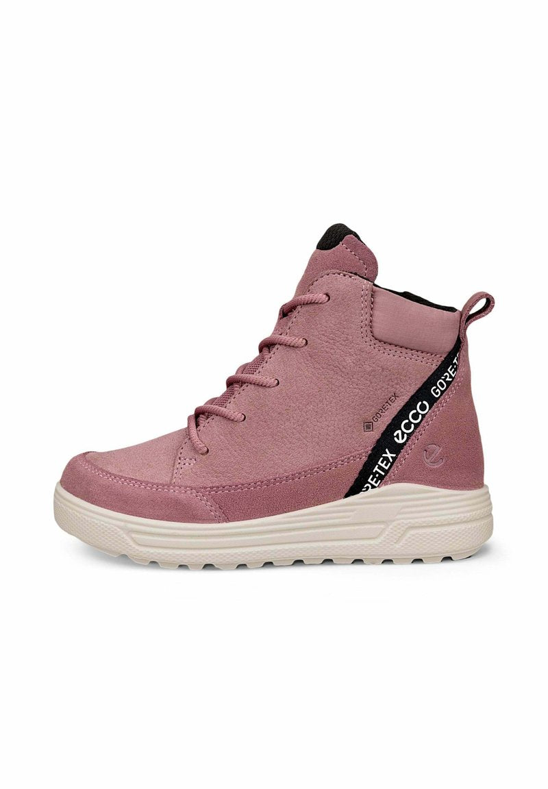 Rosa High-Top-Sneaker aus Wildleder mit Logo-Details. Verfügt über eine weiße Gummisohle und eine strukturierte Oberfläche. Runde Zehenpartie und Schnürdesign.