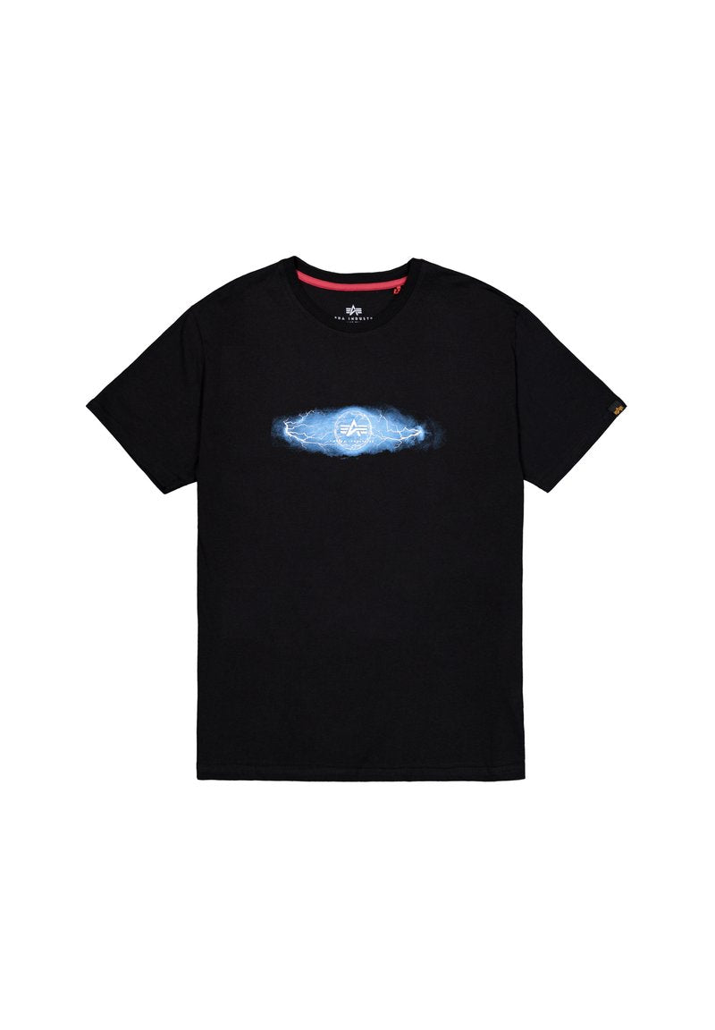 Schwarzes Baumwoll-T-Shirt mit einem zentralen blauen Grafikdesign mit Blitzmotiven und einem Logo, Rundhalsausschnitt, kurzen Ärmeln und geradem Saum.