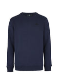 Dunkelblaues Sweatshirt aus weichem Stoff, mit Rundhalsausschnitt, langen Ärmeln und einem kleinen schwarzen Logo auf der Brust.