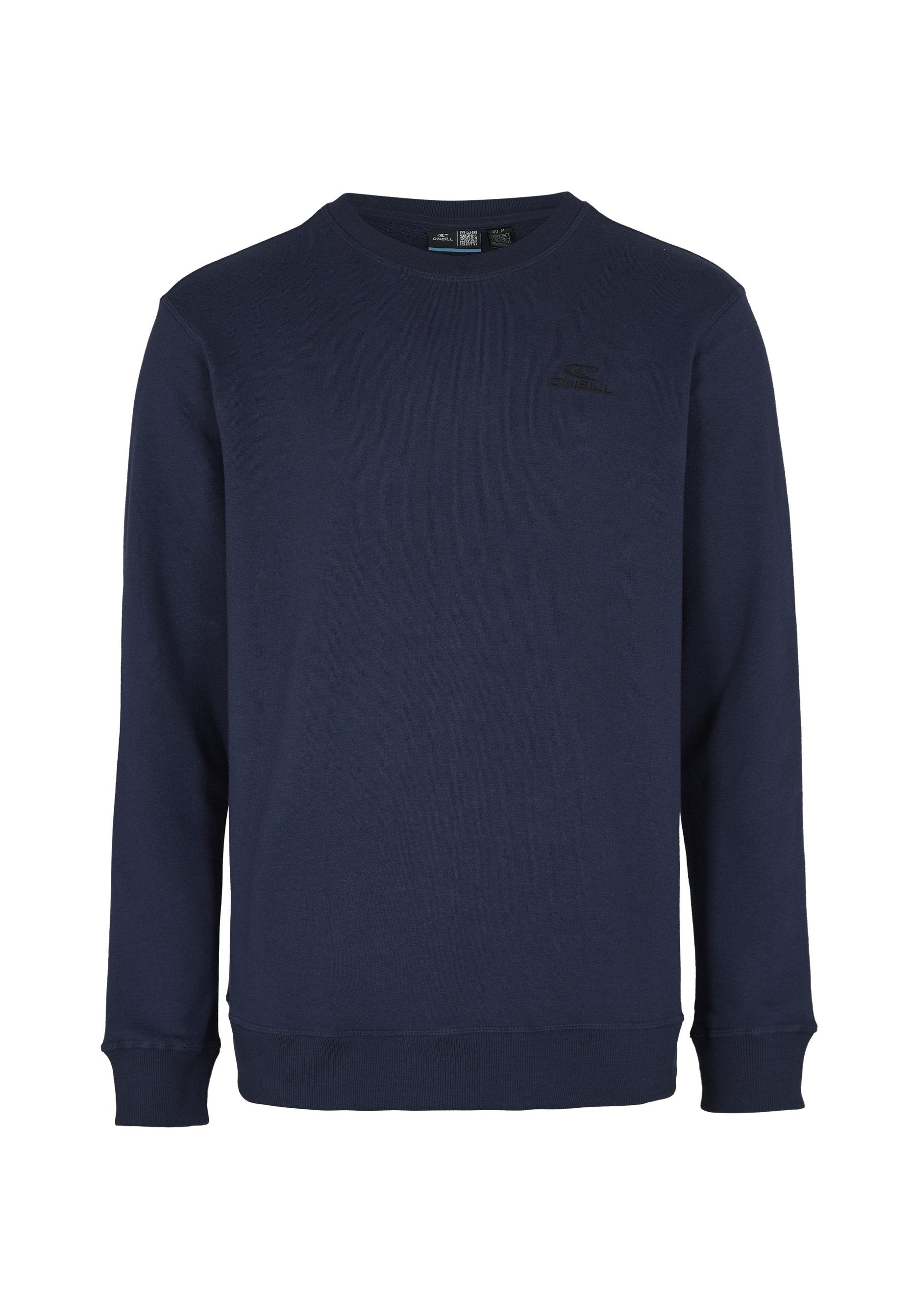 Dunkelblaues Sweatshirt aus weichem Stoff, mit Rundhalsausschnitt, langen Ärmeln und einem kleinen schwarzen Logo auf der Brust.