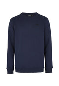 Dunkelblaues Sweatshirt aus weichem Stoff, mit Rundhalsausschnitt, langen Ärmeln und einem kleinen schwarzen Logo auf der Brust.