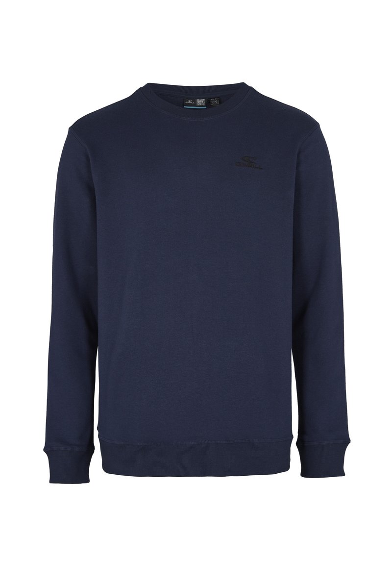 Dunkelblaues Sweatshirt aus weichem Stoff, mit Rundhalsausschnitt, langen Ärmeln und einem kleinen schwarzen Logo auf der Brust.
