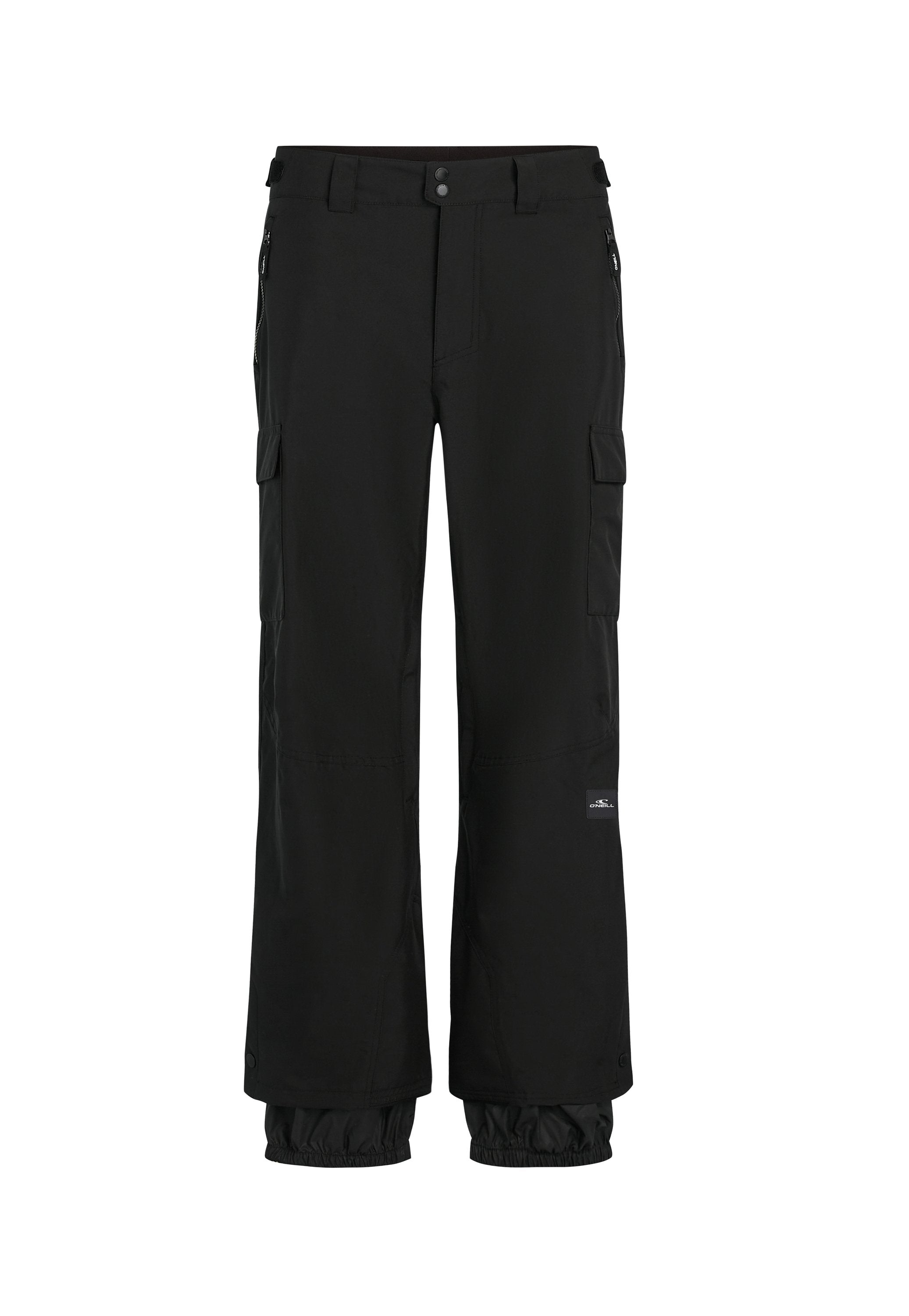 Schwarze Cargo-Hosen mit lockerer Passform, aus strapazierfähigem Stoff. Merkmale sind Reißverschluss-Taschen, elastische Bündchen und ein Logopatch.