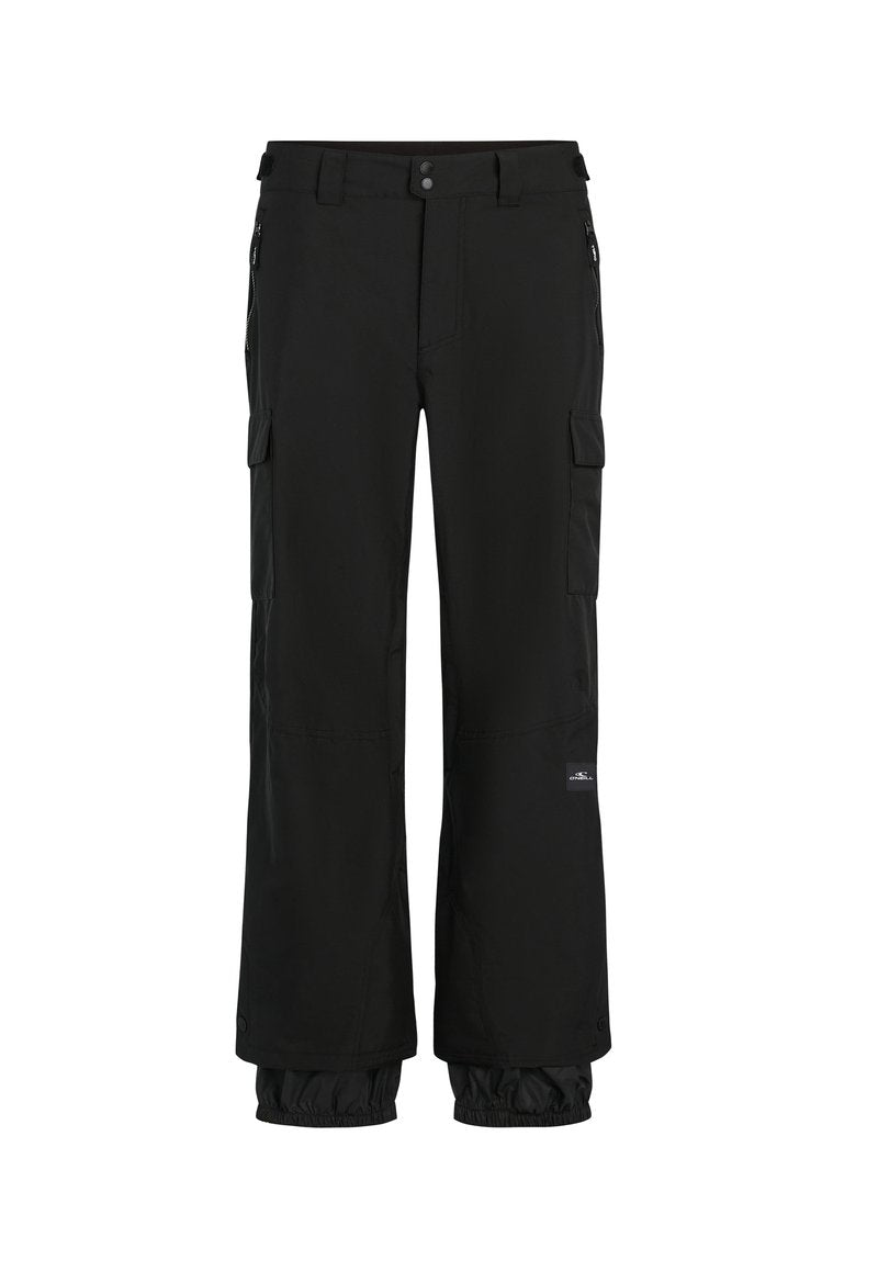 Schwarze Cargo-Hosen mit lockerer Passform, aus strapazierfähigem Stoff. Merkmale sind Reißverschluss-Taschen, elastische Bündchen und ein Logopatch.