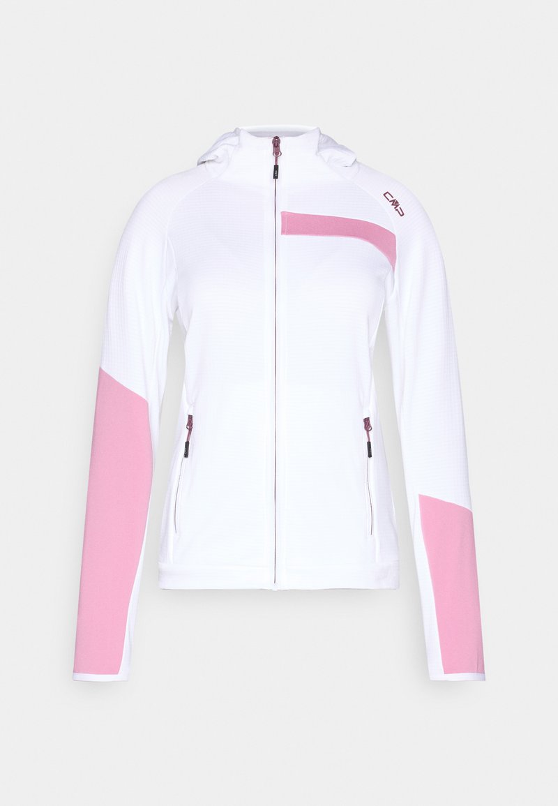 Weißes Jacke mit Reißverschluss, rosa Einsätzen an Ärmeln und Brust, zwei Reißverschlusstaschen an den Seiten und kurzem Stehkragen.