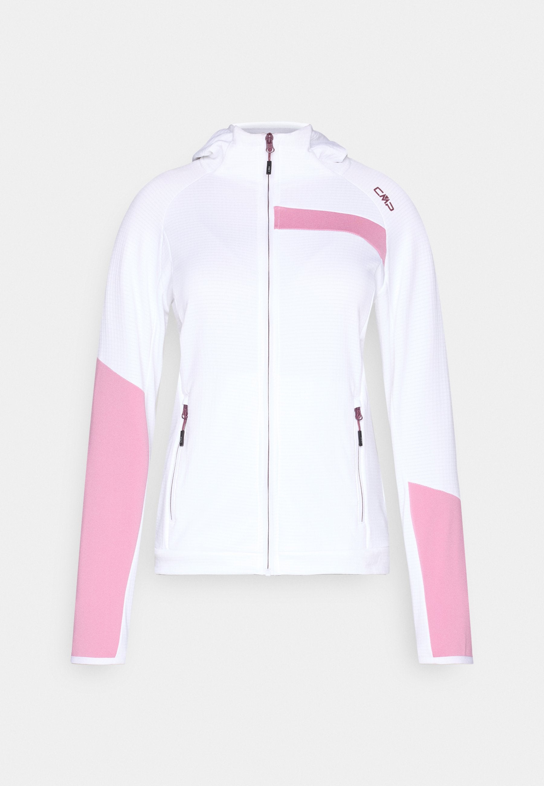 Weißes Jacke mit Reißverschluss, rosa Einsätzen an Ärmeln und Brust, zwei Reißverschlusstaschen an den Seiten und kurzem Stehkragen.