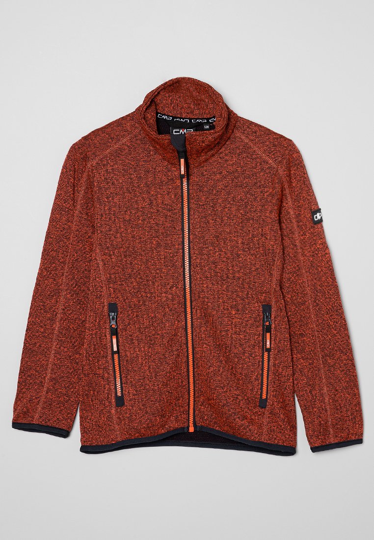 Orangefarbene, strukturierte Jacke mit hohem Kragen, vollem Reißverschluss und zwei seitlichen Reißverschlusstaschen. Mit schwarzen Reißverschlussakzenten und Markenlogo.