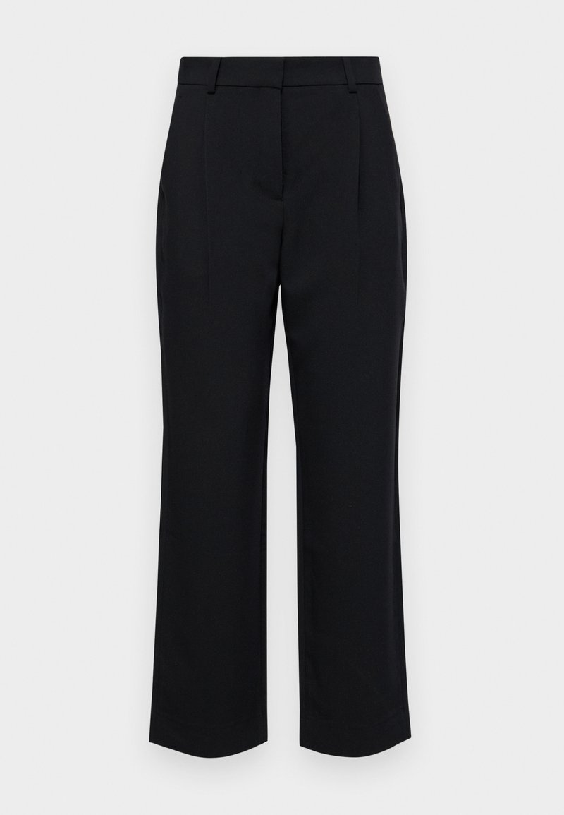 Schwarze maßgeschneiderte Hose mit geradem Schnitt, ausgestattet mit einem Bund, gefalteter Vorderseite und seitlichen Taschen. Aus einem glatten Stoff gefertigt.