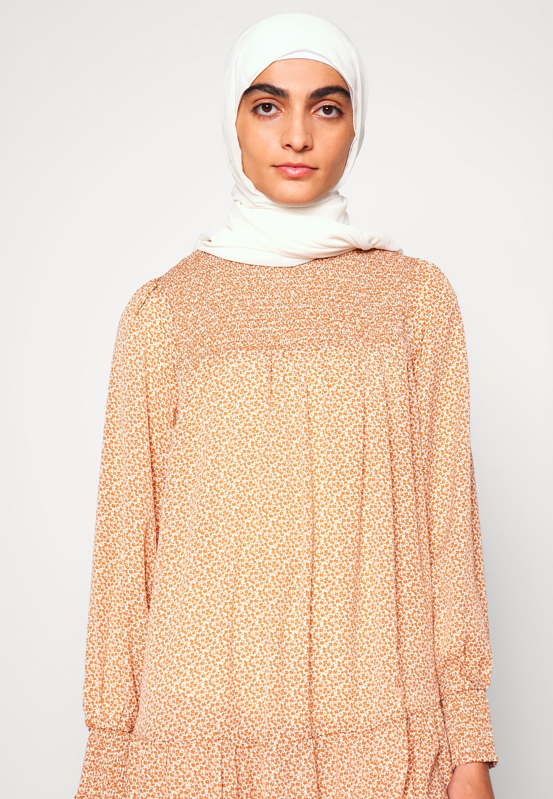 Glamorous MODEST SMOCKED HIGH NECK TIERED DRESS WITH LONG SLEEVES