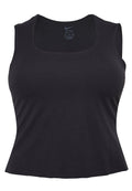 Schwarzes ärmelloses Sport-Top mit quadratischem Ausschnitt aus glattem, dehnbarem Stoff; mit Nike-Logo auf dem Innenschild.