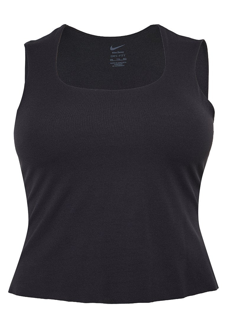 Schwarzes ärmelloses Sport-Top mit quadratischem Ausschnitt aus glattem, dehnbarem Stoff; mit Nike-Logo auf dem Innenschild.