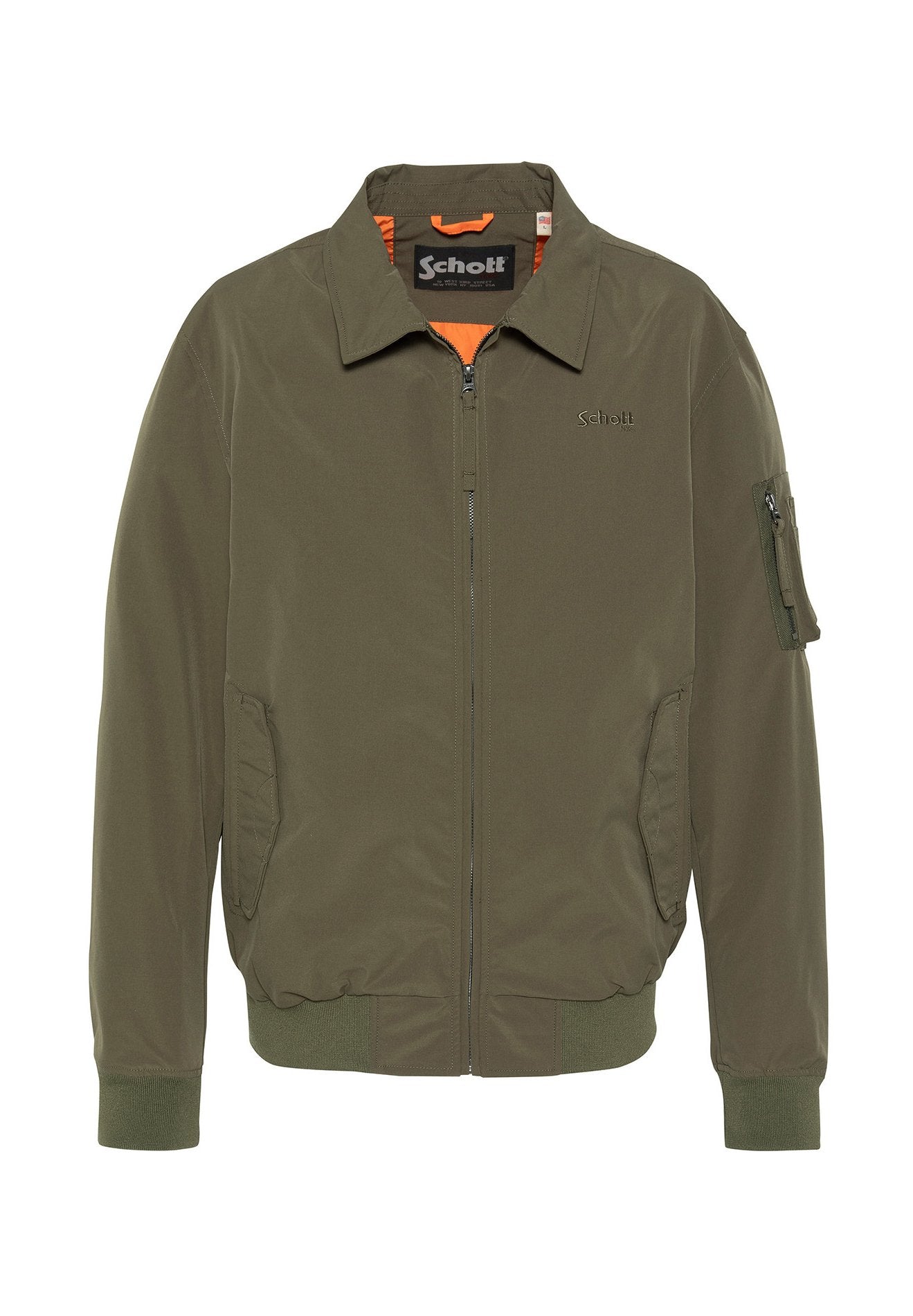 Olivgrüne Bomberjacke mit Frontreißverschluss, zwei Handtaschen, Reißverschlusstasche am Ärmel, gerippten Bündchen und Saum sowie orangefarbenem Innenfutter.