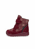 Burgunderfarbene wasserdichte Stiefel mit zwei Klettverschlüssen, Blumen- und Schneeflockenmuster sowie einer strukturierten Wildleder-Oberfläche. Gummisohle mit Profildesign.