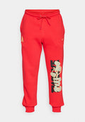 Rote Sweatpants aus einem Baumwoll-Mix, mit elastischem Bund, Zugband, gerippten Bündchen und großer Grafik in Schwarz und Gold an der Seite.