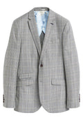 Grau karierter Blazer mit zwei vorderen Taschenklappen, einreihigem Knopfverschluss und einer hellblauen Satin-Futter. Braune Knöpfe an den Ärmelabschlüssen. Strukturierte Passform.