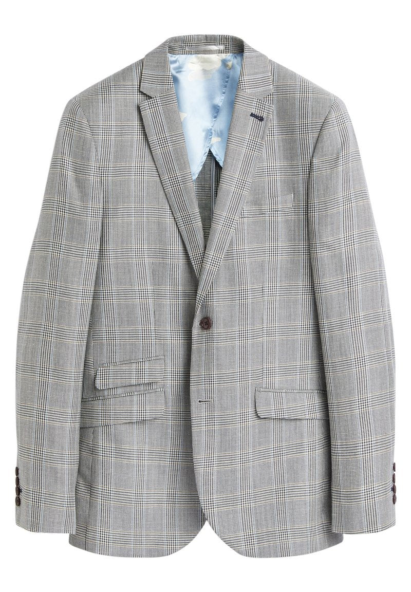 Grau karierter Blazer mit zwei vorderen Taschenklappen, einreihigem Knopfverschluss und einer hellblauen Satin-Futter. Braune Knöpfe an den Ärmelabschlüssen. Strukturierte Passform.