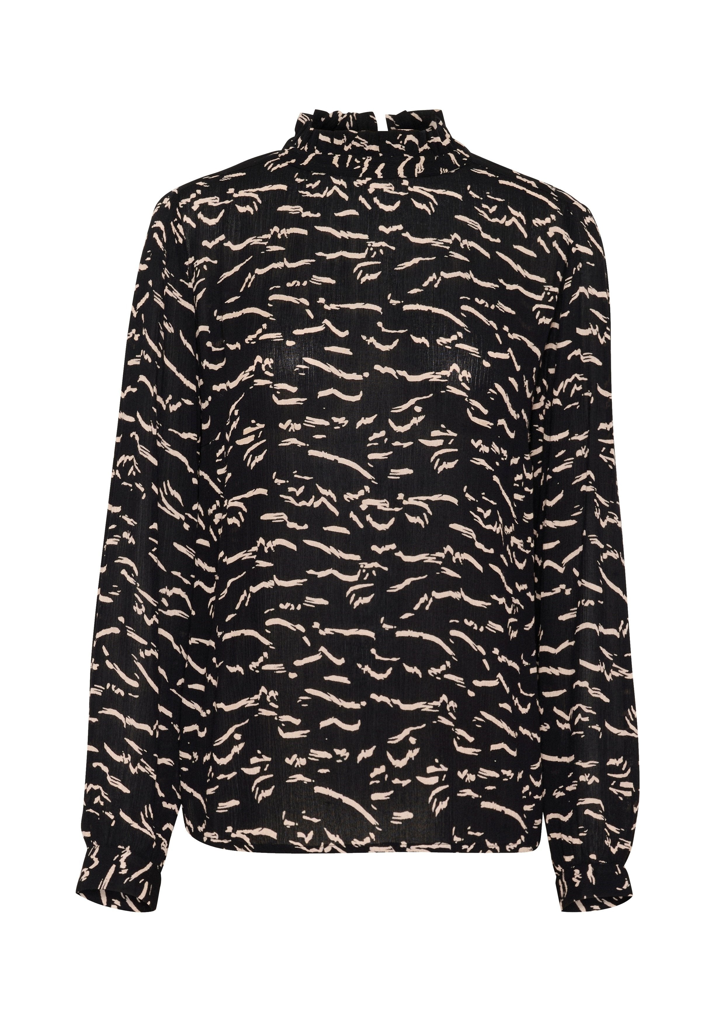 Schwarze Bluse mit langen Ärmeln, die einen hohen, gerafften Kragen und ein abstraktes cremefarbenes Muster aufweist. Hergestellt aus leichtem, strukturiertem Stoff mit lockerer Passform.