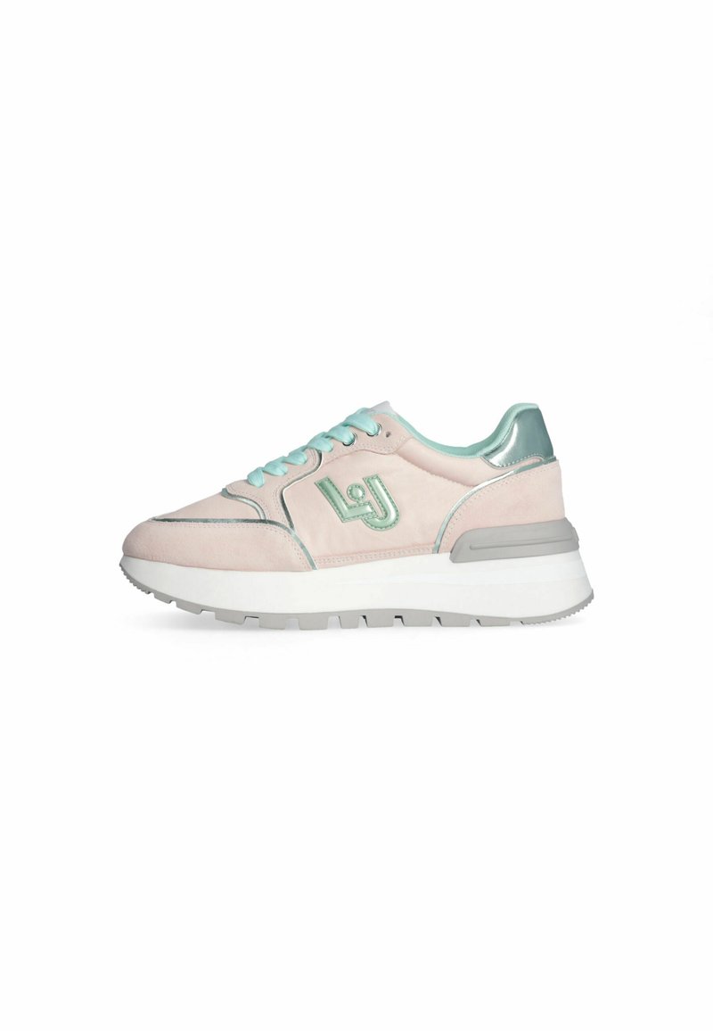 Rosa Wildlederschuh mit türkisfarbenen Akzenten und Schnürsenkeln. Mit einer klobigen weißen Sohle und silbernen Details. Besticktes Logo an der Seite.