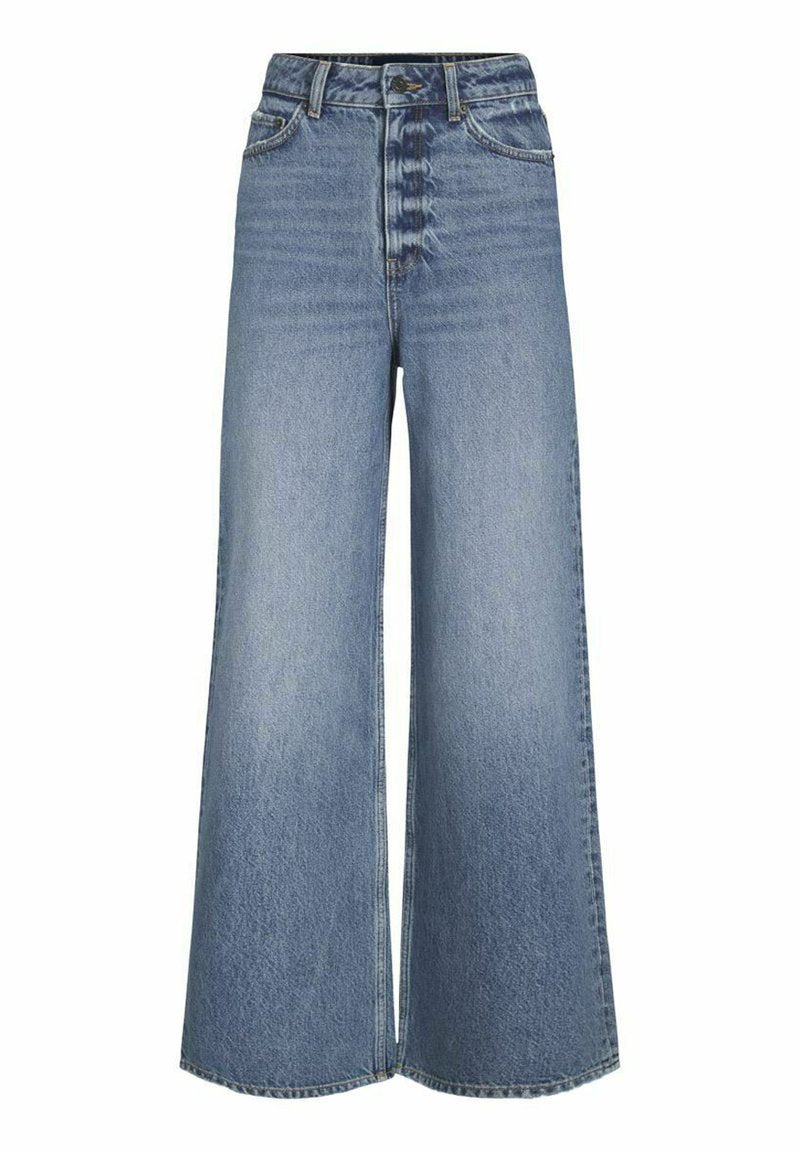 Weite blaue Denim-Jeans mit hoher Taille, ausgestattet mit einer sauberen Verarbeitung, dezenten Ausbleichungen und einem klassischen Fünf-Taschen-Design.