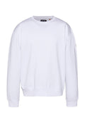 Weißer Rundhalsausschnitt-Sweatshirt aus weichem Material mit langen Ärmeln, gerippten Bündchen und einem Bund. Minimalistisches Design ohne sichtbare Muster.
