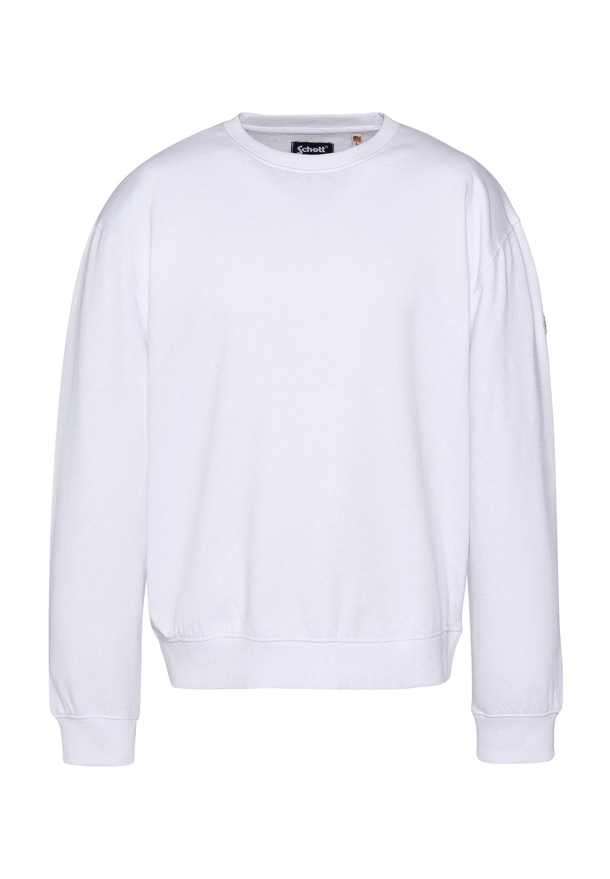 Weißer Rundhalsausschnitt-Sweatshirt aus weichem Material mit langen Ärmeln, gerippten Bündchen und einem Bund. Minimalistisches Design ohne sichtbare Muster.