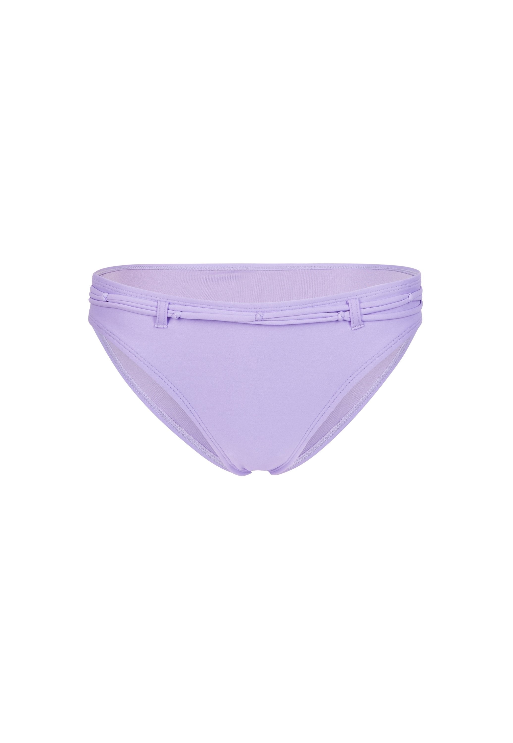 Hellblaue Bikinihose mit glatter Textur, niedrigem Schnitt und dekorativen seitlichen Bindebändern. Einfacher, minimalistischer Stil ohne Muster oder Akzente.