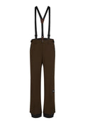 Braune Snowboardhosen mit verstellbaren schwarzen Trägern, Reißverschlusstaschen, verstärkten Säumen und einem Logopatch am Oberschenkel.