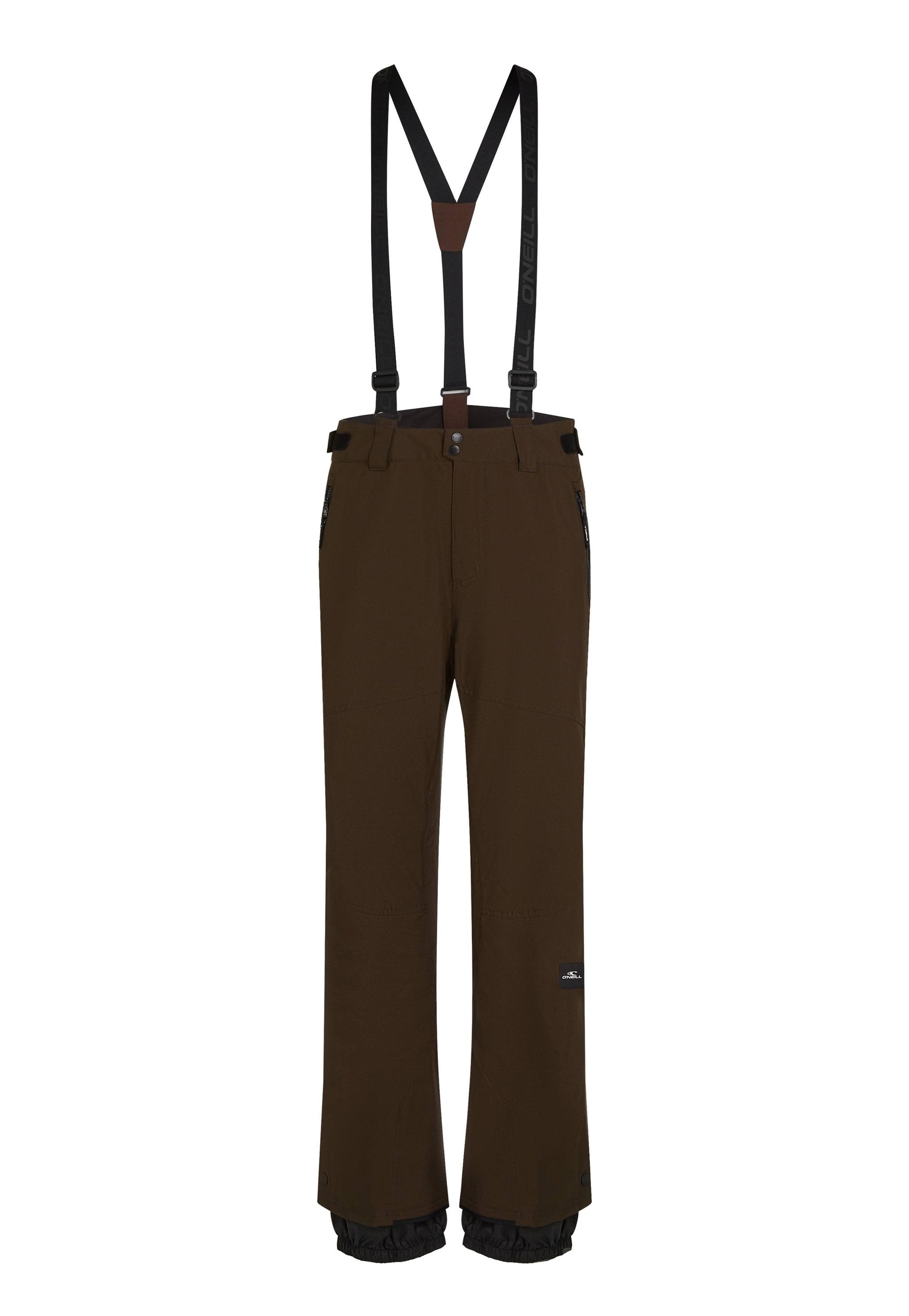 Braune Snowboardhosen mit verstellbaren schwarzen Trägern, Reißverschlusstaschen, verstärkten Säumen und einem Logopatch am Oberschenkel.